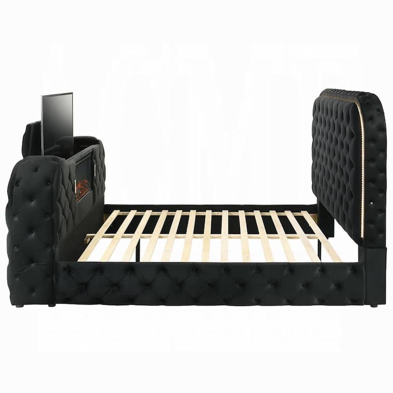 Kerie Queen Size Bed with LED Fireplace, TV Lift Stand, Black Velvet