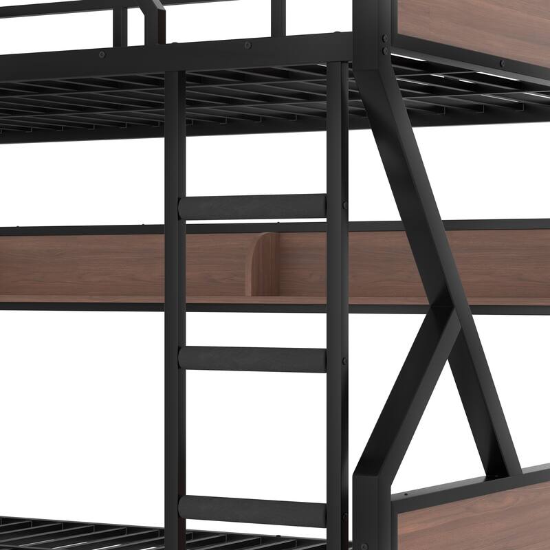 Queen over Queen Bunk Bed, Metal Bunk Bed with Storage Shelves and Lights, Space-saving & Noise-free Design, Black