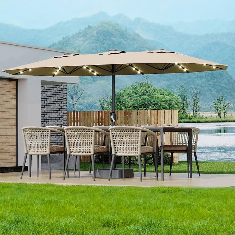 15FT Double-Sided Patio Umbrella with with LED and Base Included for Pool Lawn Garden - Beige