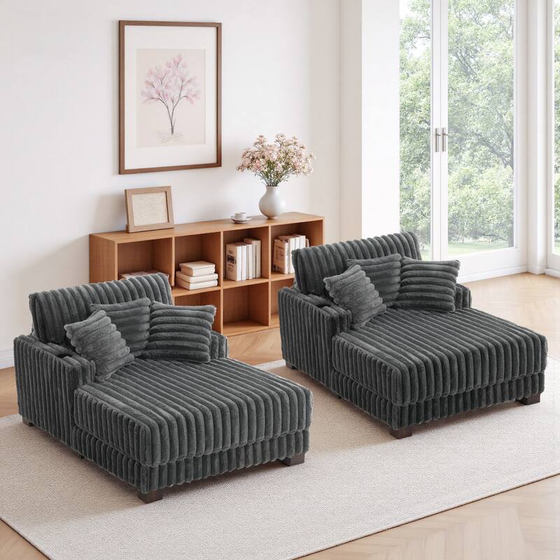 2-Piece Flannel Chaise Lounge Sofa Bed Set with Cup Holder - Dark Grey