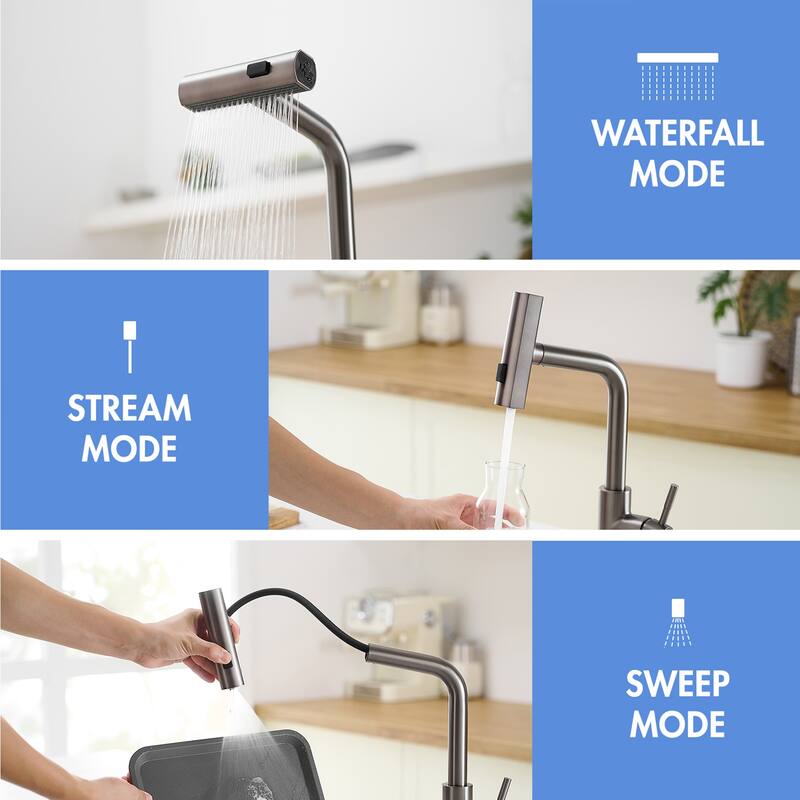 Modern Gunmetal Gray Single Handle Kitchen Faucet with Pull Out Sprayer, 3 Function Water Outlet