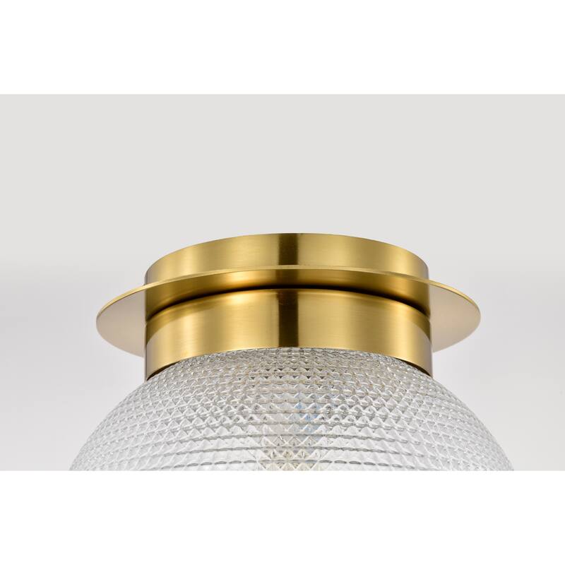 Gruste Brass Flushmount Ceiling Lamp with Pyramidical Patterned Glass Globe Shade