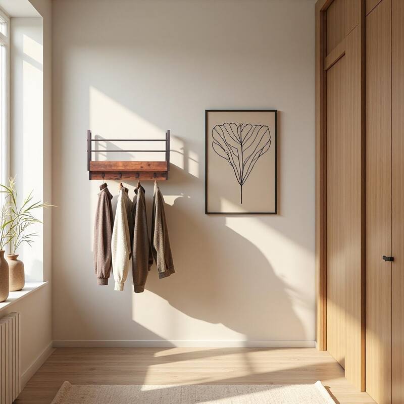 JJS Wall Mounted Floating Shelf with Coat Hooks & Key Holder Space-Saving Storage Rack for Books, Coats & Entryway Essentials - set of 1 - Brown