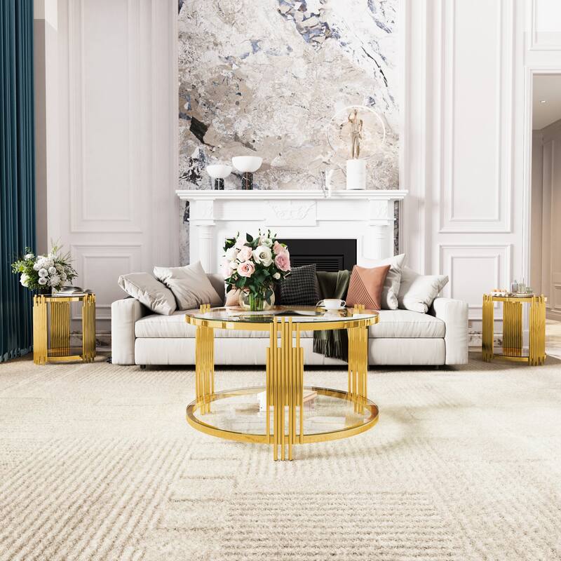 Glass Coffee Table Set of 3, Includes 1 Coffee Table & 2 End Tables, Luxury Living Room Table Set with Glass Top and Lower Shelf - Transparent - Round Top