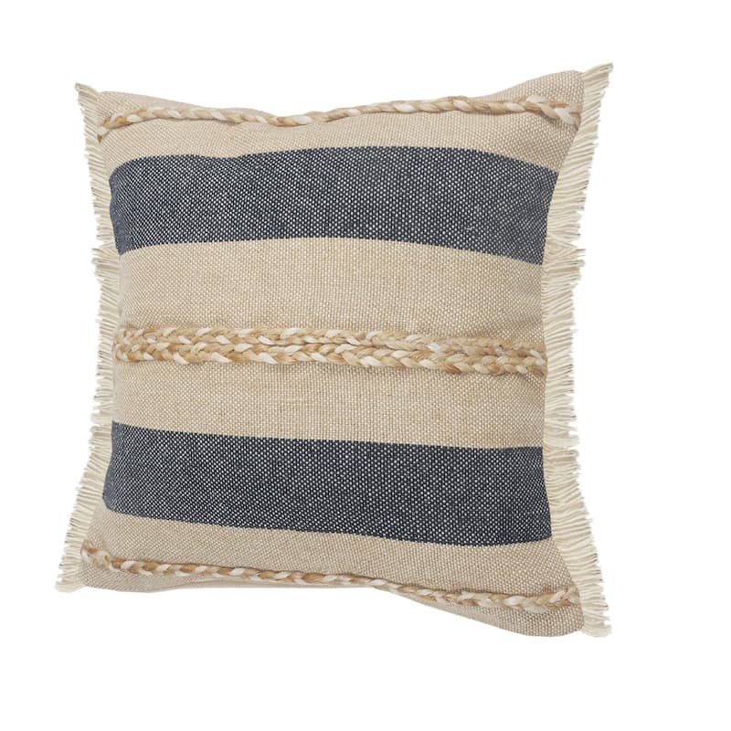 24" Blue and Tan Striped Square Throw Pillow with Jute Braiding