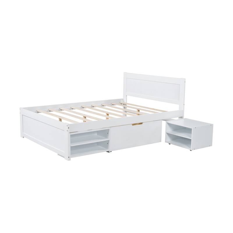 Platform bed with drawers and two shelves