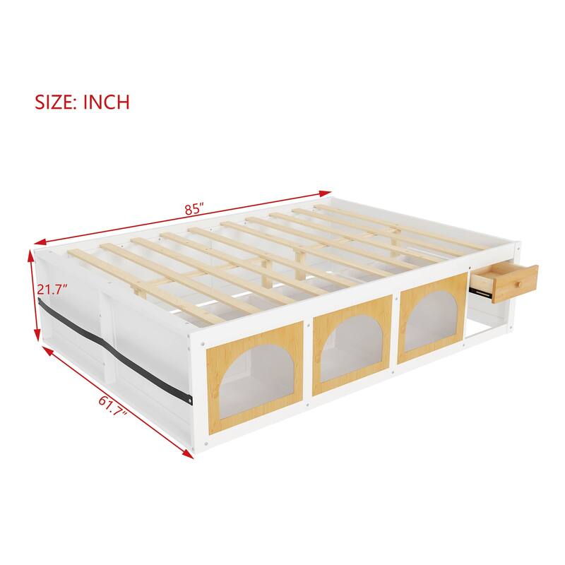 Wooden Platform Bed with Footboard Bookshelf, LED Display Cabinet and Drawer Storage by Harper&Bright Designs