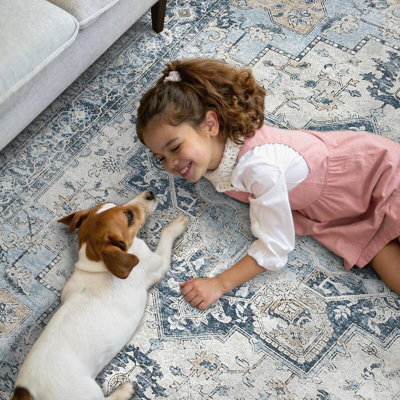 Mcow Neutral Floral Low Pile Machine Washable Non-Slip Area Rug