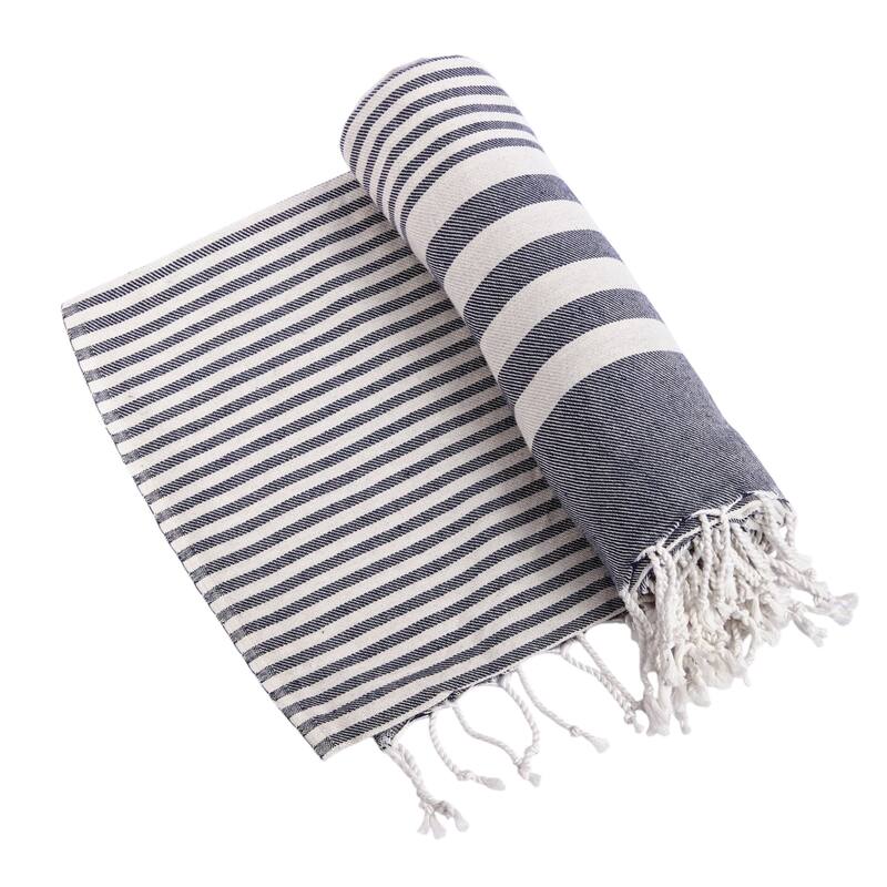 HomeRoots 59" X 71" Blue and White Cotton Plain Weave Striped Throw Blanket with Tassels