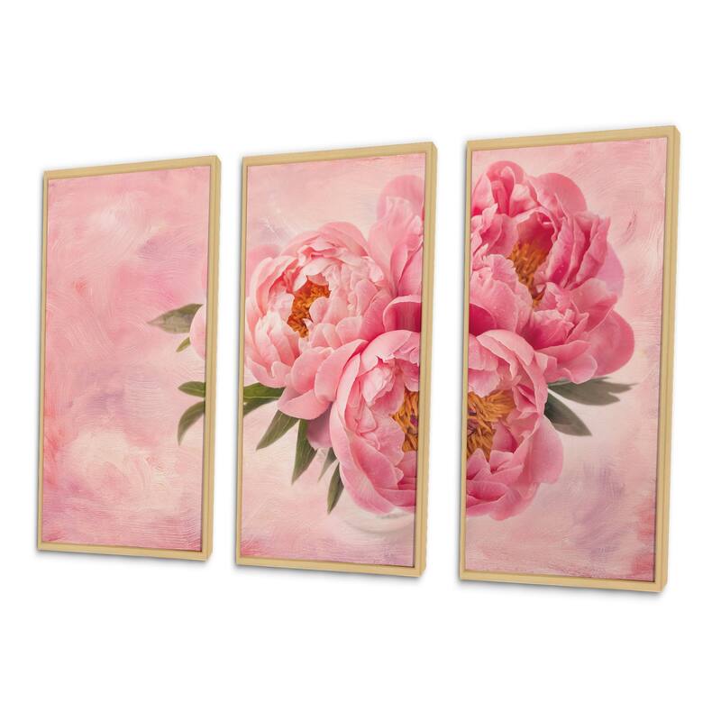 Designart "Peony Flowers in Vase on Pink" Floral Framed Wall Art Set of