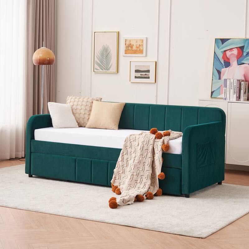 Twin Size Velvet Upholstered Daybed, Wood Sofa Bed Frame Daybed Couch with Trundle Bed and Wood Slat