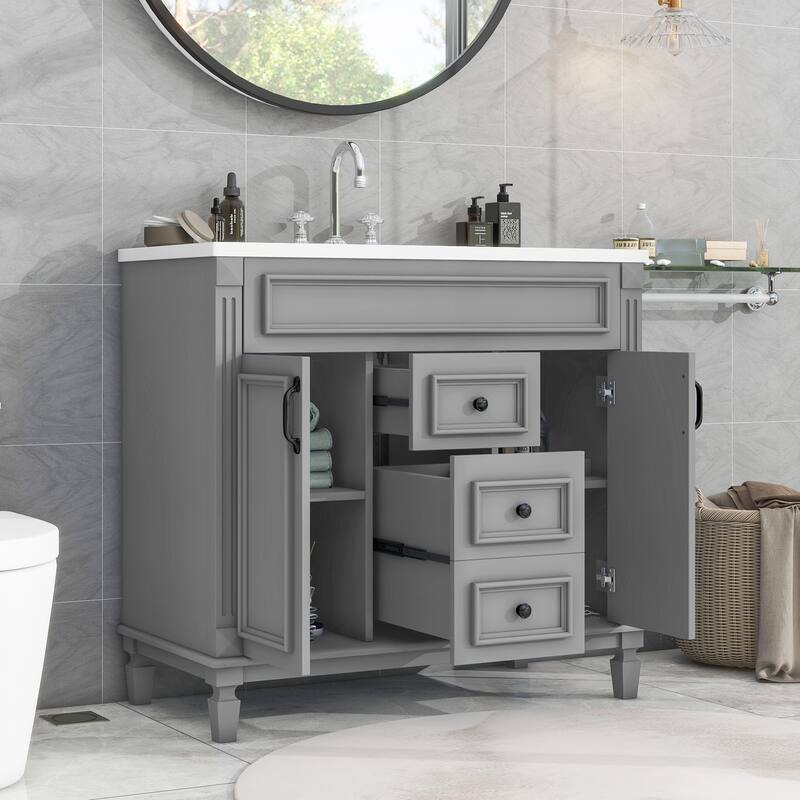 GDFStudio - Carrinford Modern Freestanding Bathroom Vanity with Ceramic Sink and 2 Soft Closing Doors & 2 Drawers