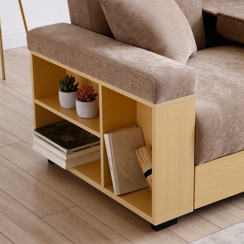 Convertible Sleeper Sofa Bed, Loveseat Couch with Storage Ottoman, Reversible Armrest Box & Drawer, Drop-Down Table, Cup Holders