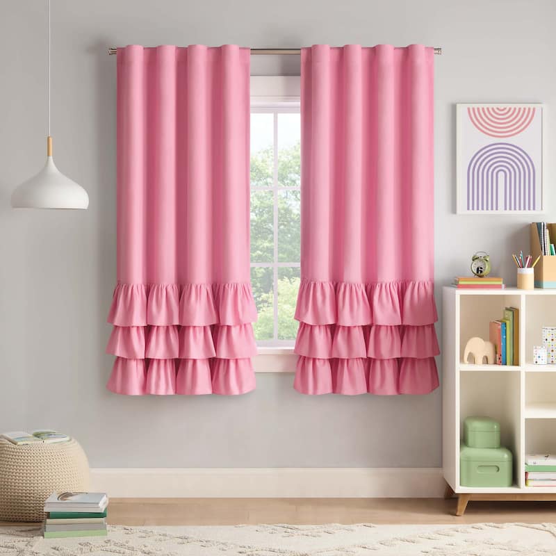 Eclipse Kids Tiered Ruffle Solid 100% Blackout Back Tab Curtain Panel