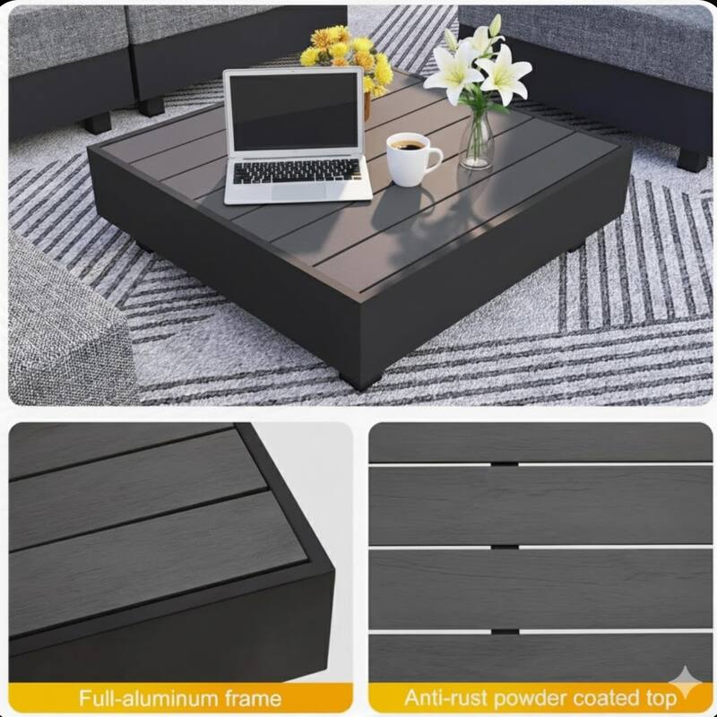 29" Square Black Metal Coffee Table, Slatted Patio Table