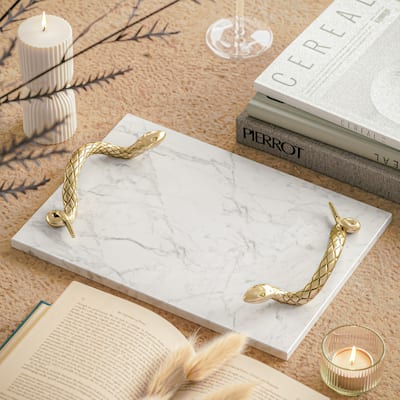 Mamba White Marble Cheese Board with Brass Snake Handles Luxury Entertaining
