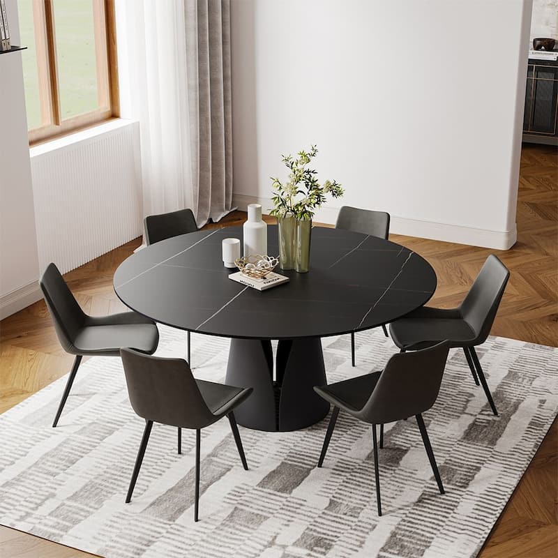 Modern Round White Dining Table，Sintered Stone Tabletop, Solid Black Carbon Steel Base - 47" - Matte Black Tabletop-Black Base
