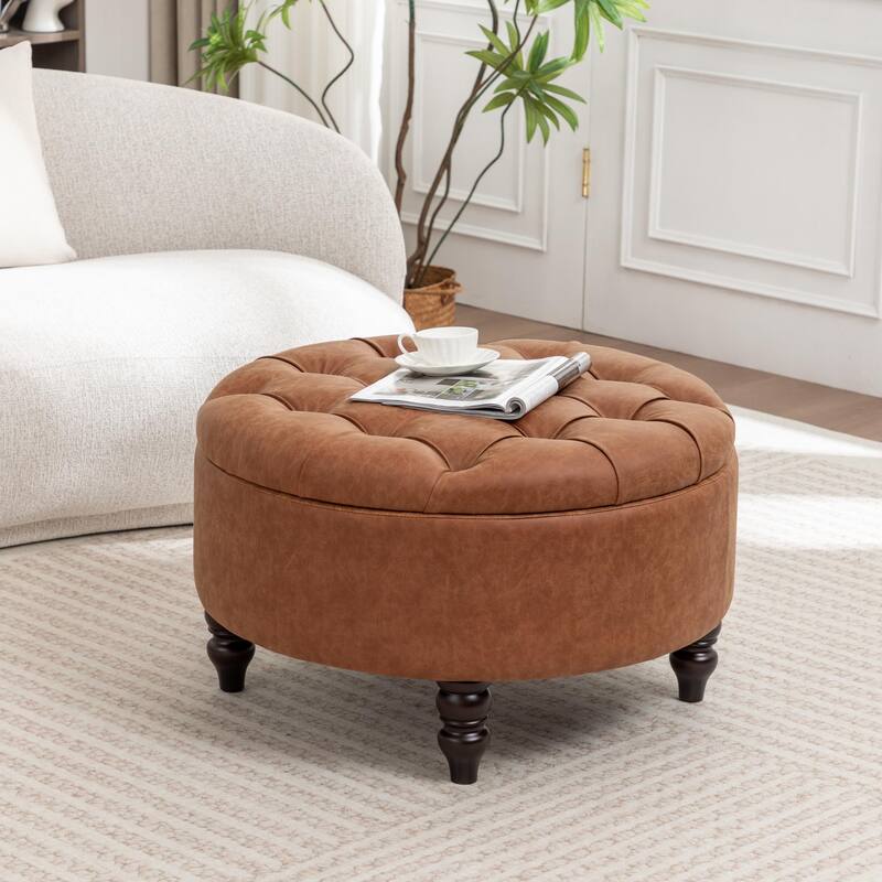 SEYNAR 29.5''Modern PU Leather Round Storage Ottoman with Wood Legs