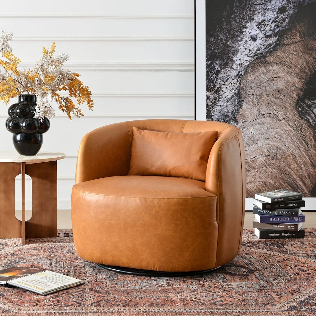 KINWELL 100% Top Grain Genuine Leather Swivel Armchair with Pillow