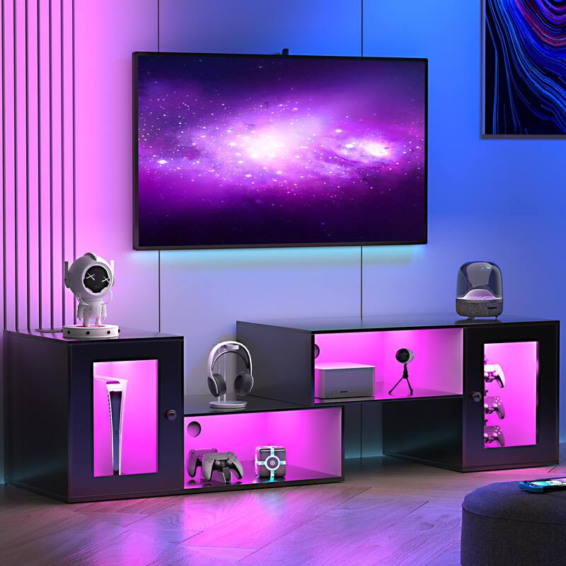 VECELO TV Stand with LED Lights & Power Outlets, Storage Shelves - 55 inches