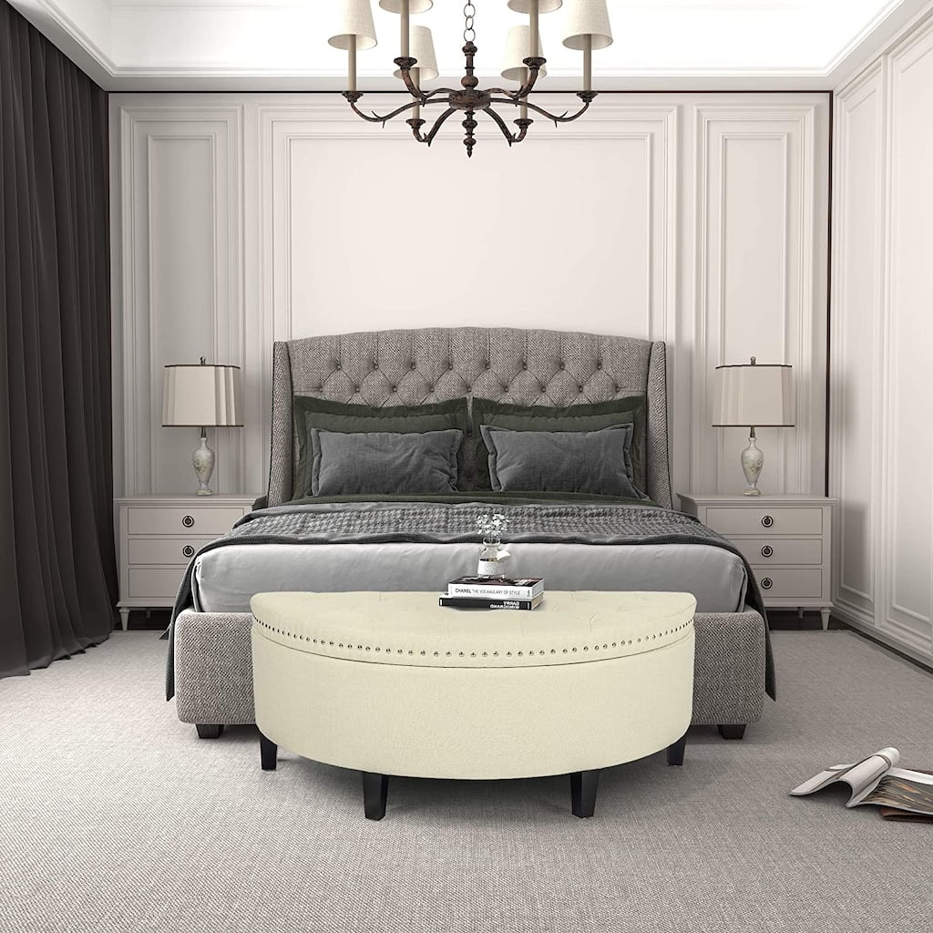 Adeco Half Moon Beige Storage Ottoman Bench