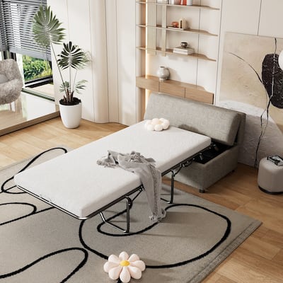 Full Size Folding Pull out Ottoman Sleeper Bed with Mattress Convertible Guest Bed, Linen Upholstered Sleeper Sofa