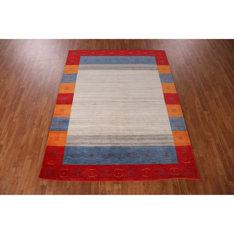 Beige Gabbeh Indian Area Rug Hand-Knotted Oriental Beige Wool Carpet - 6'1" x 7'11"