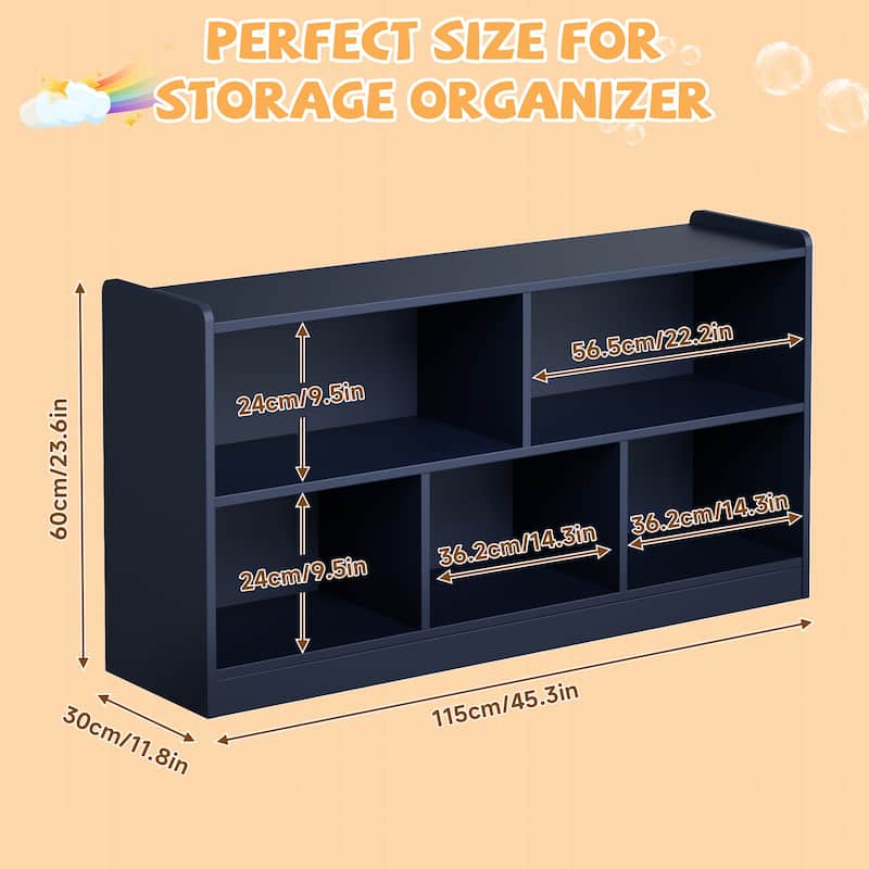 Wooden Storage Cabinet with 5 Sections, Montessori Kids Bookshelf and Toy Organizer for Nursery, Playroom & Classroom