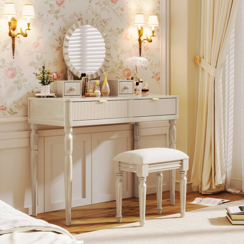 Vanity Desk with Adjustable Round Mirror, Wooden Dressing Table Set, Makeup Vanity Table with 4 Drawers & Cushioned Stool