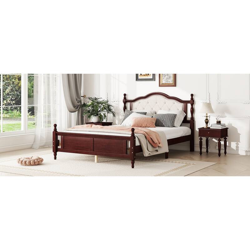 Roomfitters Queen Pine Wood Bed Frame with Upholstered Headboard and Panel Footboard, Platform Support Design, Cherry