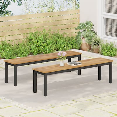 Roomfitters Outdoor Bench Set of 2 with Acacia Wood Top and Black Metal Legs, Patio Garden Seating, Natural