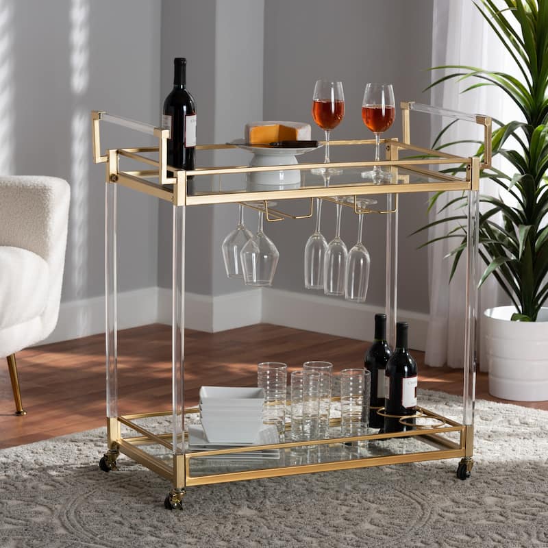 Savannah Contemporary Glam and Luxe Gold Metal and Glass Wine Cart