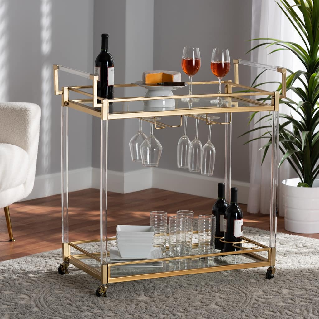 Savannah Contemporary Glam and Luxe Gold Metal and Glass Wine Cart