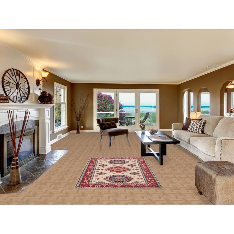 Geometric Ivory Kazak Accent Rug Hand-Knotted Wool Carpet - 3'11" x 5'11"