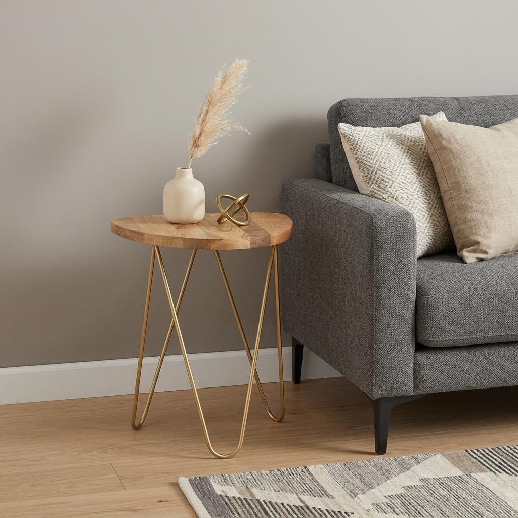 HomeRoots 21" Natural and Gold Solid Wood and Iron Free Form End Table - 18.00 in. x 21.30 in. x 17.70 in.