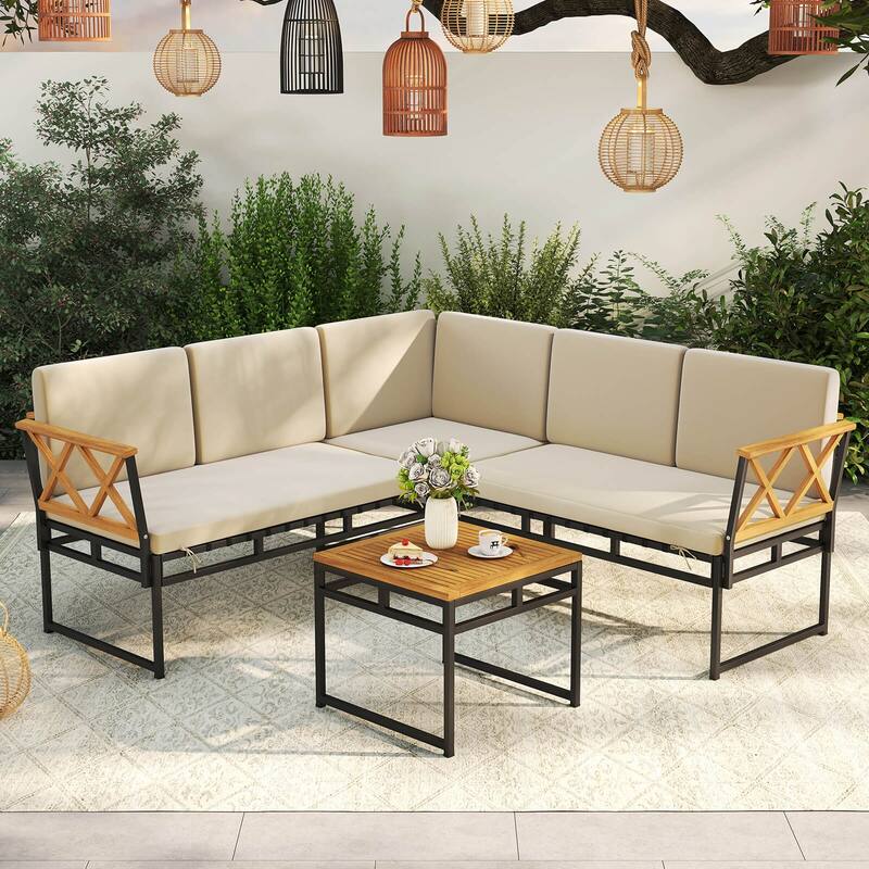 Costway 4 Piece Outdoor Sectional Sofa Set L-Shaped Metal Conversation - See Details - as pic shows - See Details