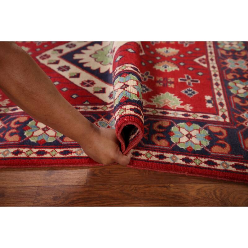 Geometric Red Kazak Oriental Foyer Rug Hand-Knotted Wool Carpet - 3'3" x 4'9"