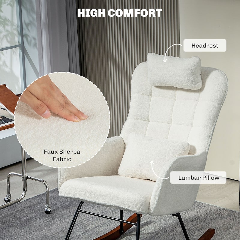 Modern Teddy Fleece Cushion Rocking Chair with High-Density Foam Headrest and Lumbar Support - 26.8" W x 36.6" D x 43.3" H