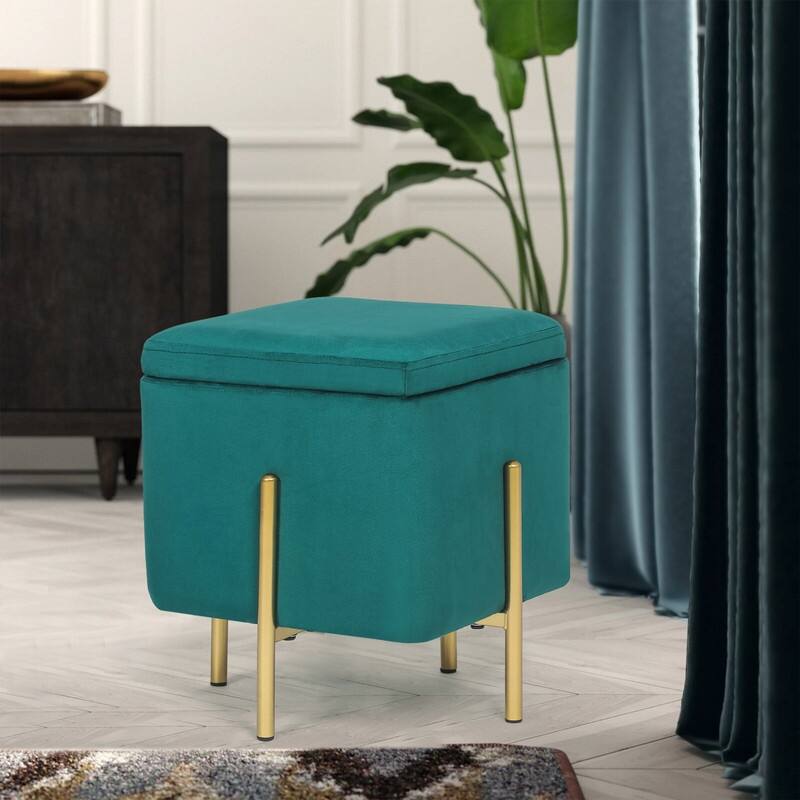 Adeco Square Velvet Storage Ottoman Multi-Function Vanity Footstool