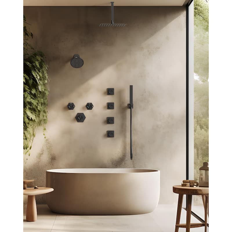 GRANDJOY Dual Shower Heads 12" Ceiling and 6" Wall Mount Body Jets Handheld Shower Spray Rainfall Shower Faucet Set - Matte Black