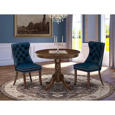 East West Furniture Kitchen Table Set Includes a Round Dining Table and Upholstered Chairs, Antique Walnut (Pieces Options)