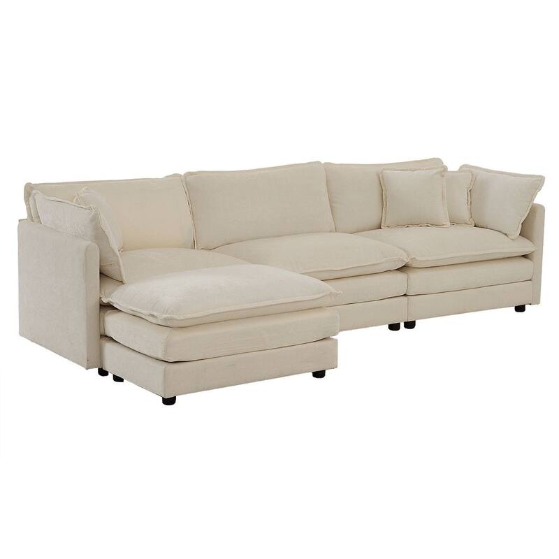 Beige Chenille Modular 3 Seat Sofa with Removable Cushions - 111"L