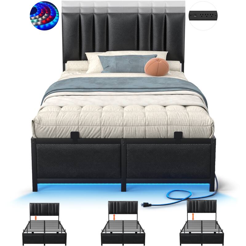 Upholstered Bed Frame with Height Adjustable Headboard,with RGB LED Light and Charging Hub