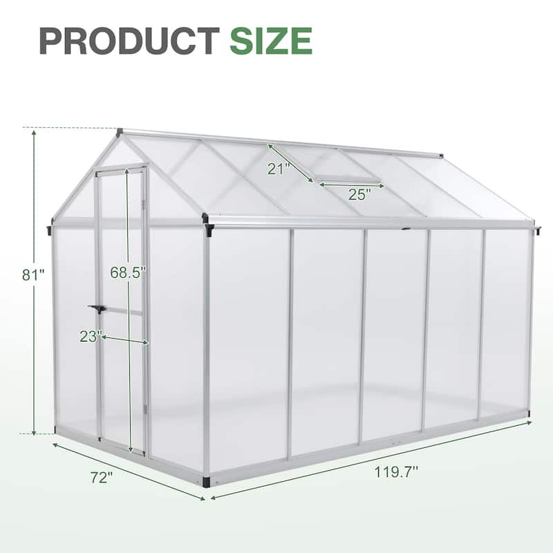 Aoodor 6' x 10' Polycarbonate Walk-in Greenhouse with Aluminum Frame and Roof Vent