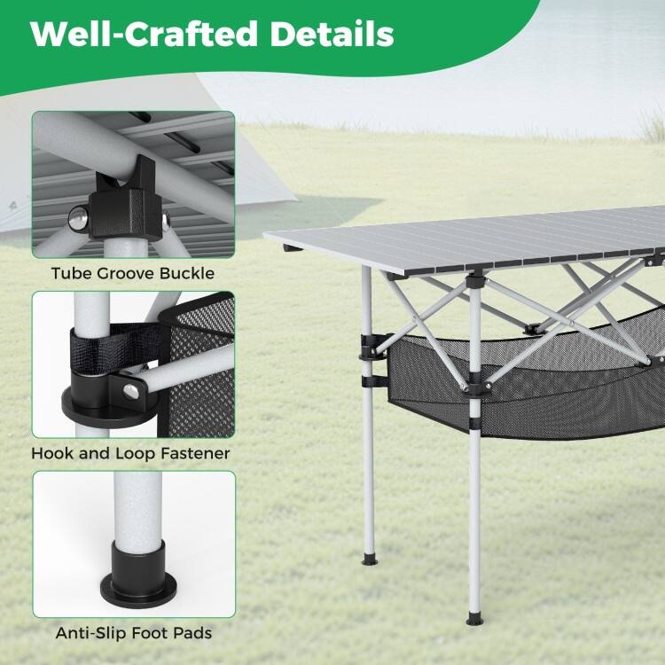 Aluminum Patio Folding Camping Table with Bag and Mesh Basket - 47" x 22" x 27" (L x W x H)