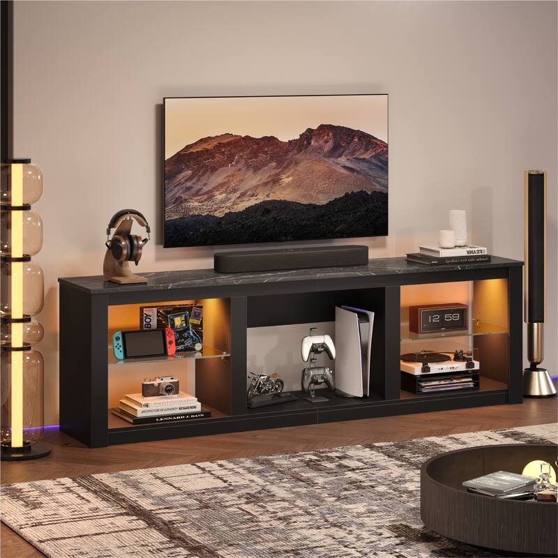Bestier 70-Inch LED TV Stand with Tempered Glass Shelves and Open Cabinet - 71 in - Black Marble