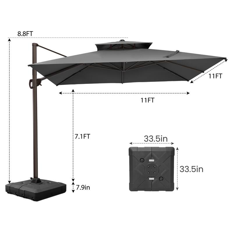 Pellebant 11X11FT Outdoor Patio Cantilever Offset 360 Degree Rotation Umbrella with Base Stand