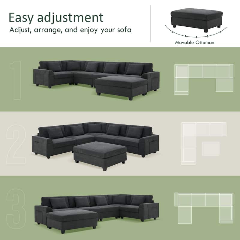 Chenille Sectional Sofa with Hidden Armrest Storage, Cup Holders, USB Charging Ports and Oversized Ottoman Chaise Lounge