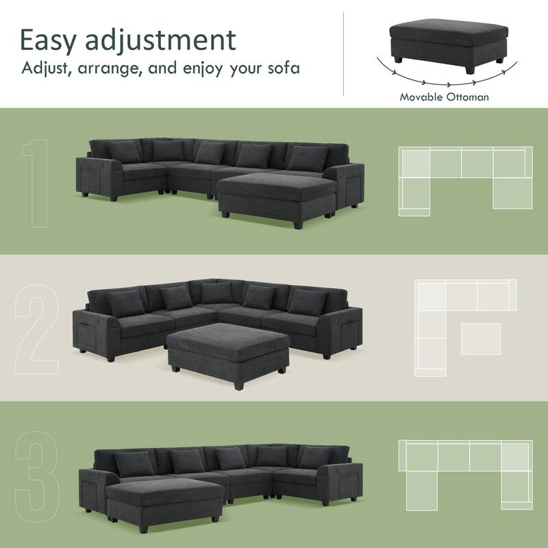 U Shaped Sectional Sofa with Ottoman, Chenille 6 Seater Sofa with Hidden Armrest Storage, Cup Holders & USB Charging Ports