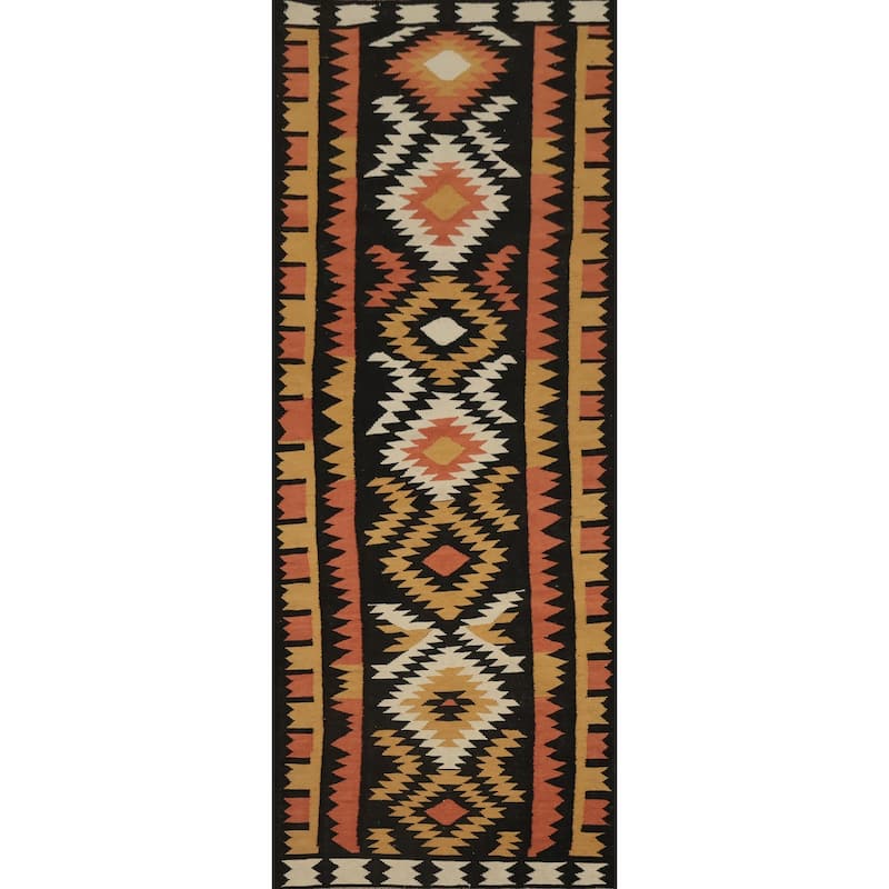 Hand Woven Oriental 100% Wool Carpet Southwestern Tribal Black Kilim Runner Rug - 9' 6'' X 3' 3''